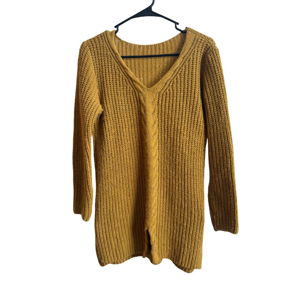 Made in Italy Mohair Wool Blend V-Neck Cable Knit Tunic Sweater Mustard Yellow